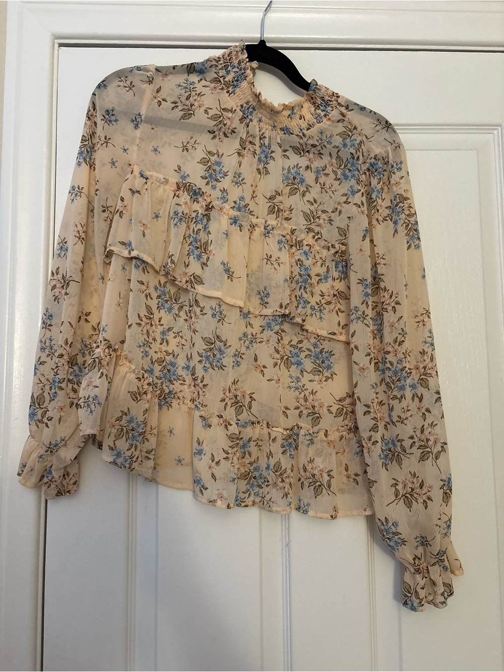 Floral Ruffle Long-Sleeve Blouse -light pink blush color with Blue Floral